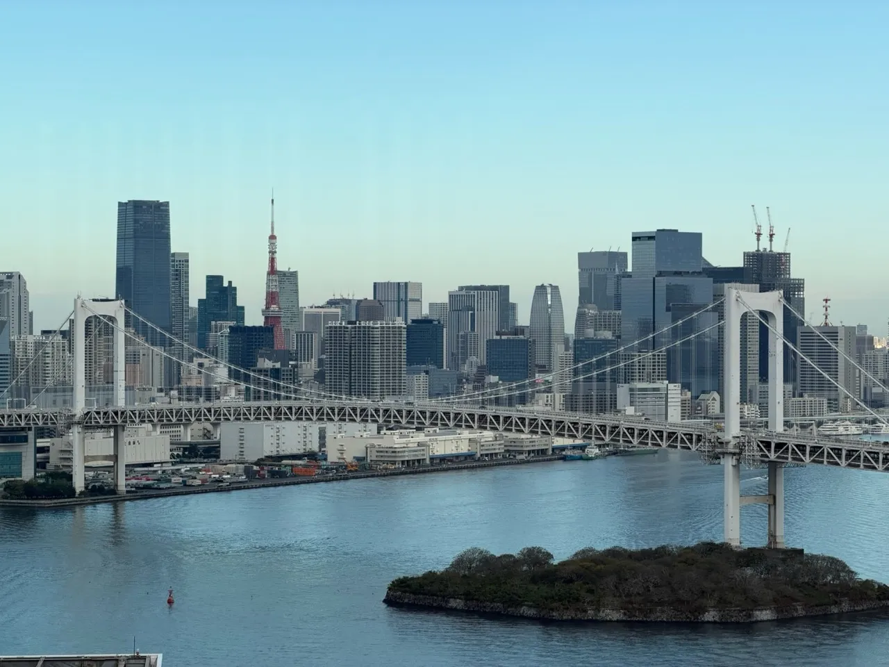 Rainbow Bridge and Tokyo Tower seen across Tokyo Bay from Odaiba