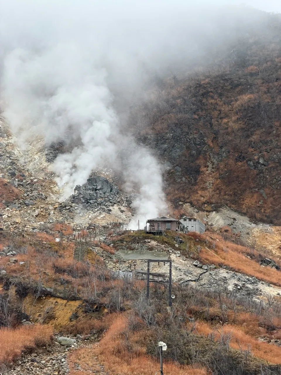 Steam and sulfur vents rising from a barren volcanic hillside at Owakudani, Hakone