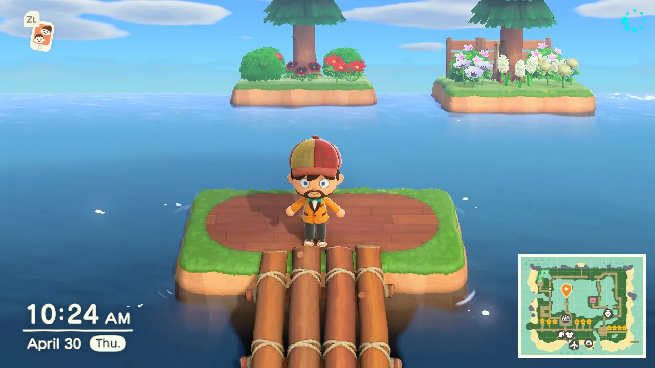 Todd's character standing on a tiny grass islet reached by a log bridge, surrounded by the open water of his island's central lake.