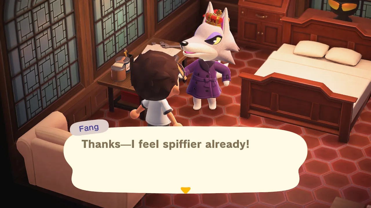 Fang the wolf in a crown: "Thanks, I feel spiffier already!"