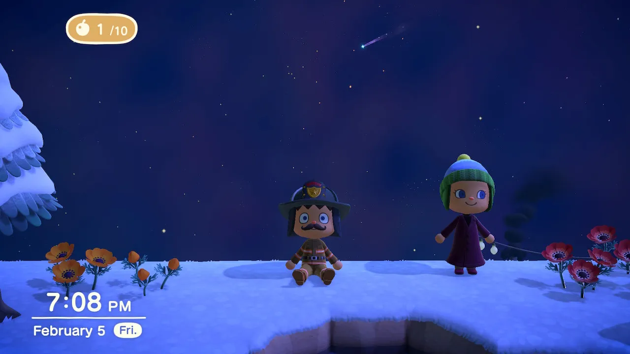 Todd and Mary side by side under a meteor shower, hands clasped to wish.