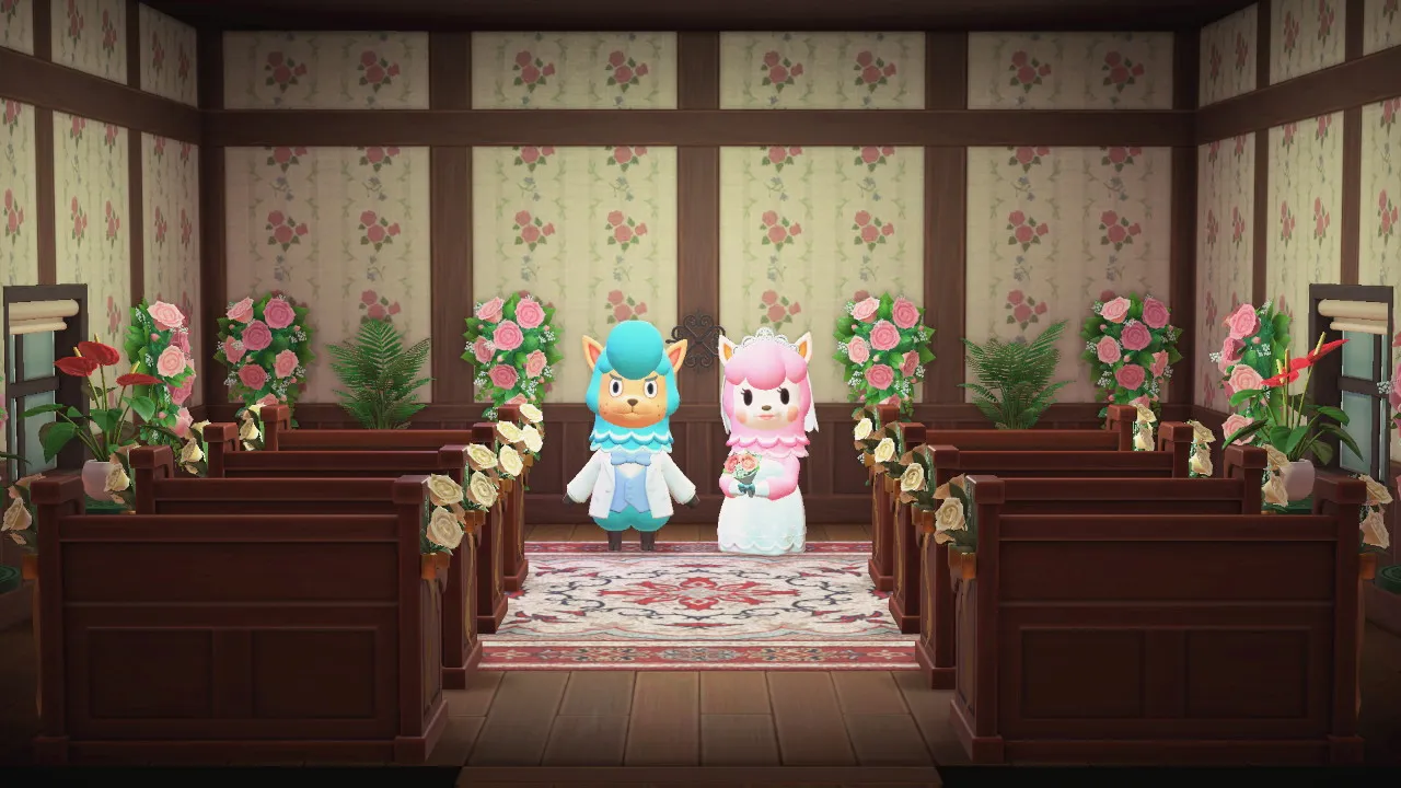 Wedding Season: Reese and Cyrus, the alpaca couple, in their rose-decorated chapel.