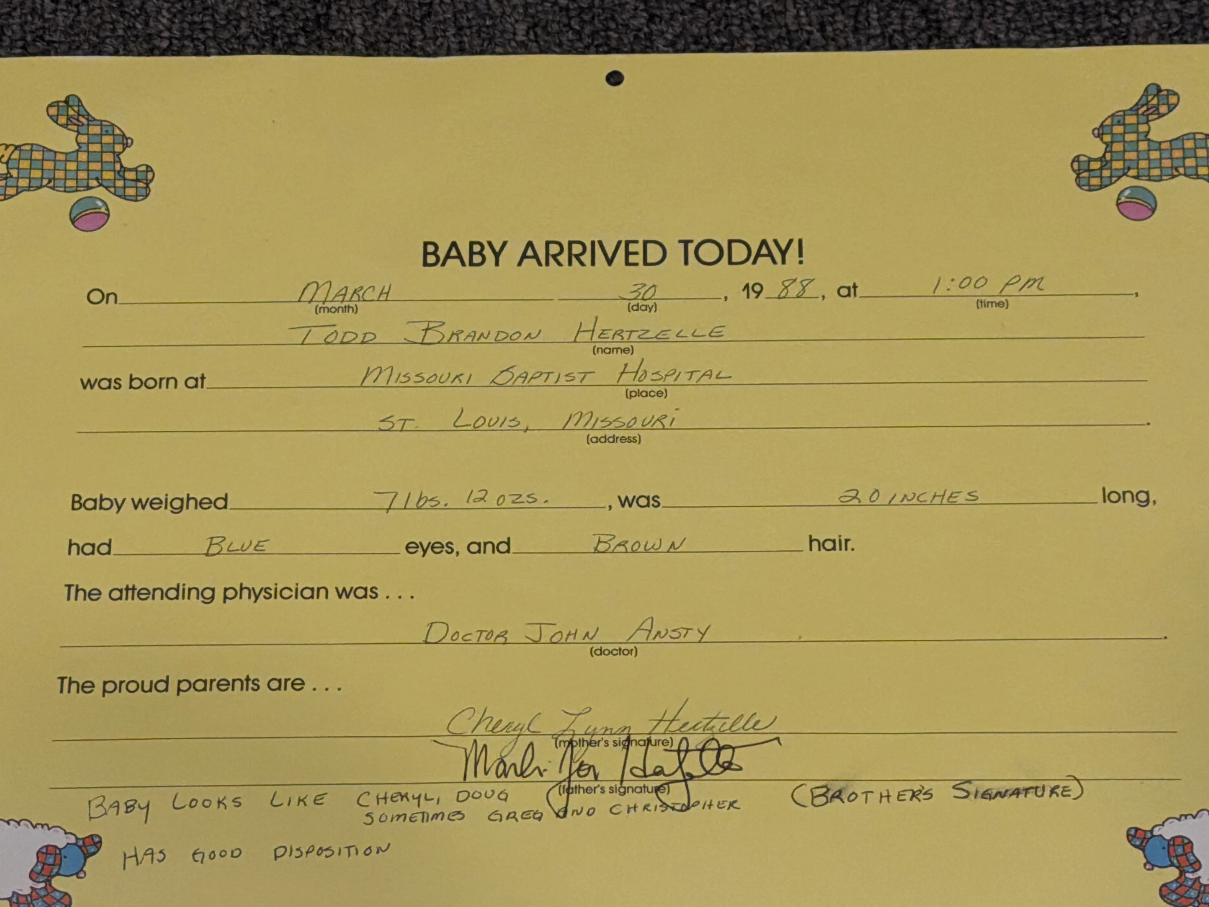 The "Baby Arrived Today!" page of my baby book, filled out by hand: born March 30, 1988 at 1:00 PM at Missouri Baptist Hospital in St. Louis.