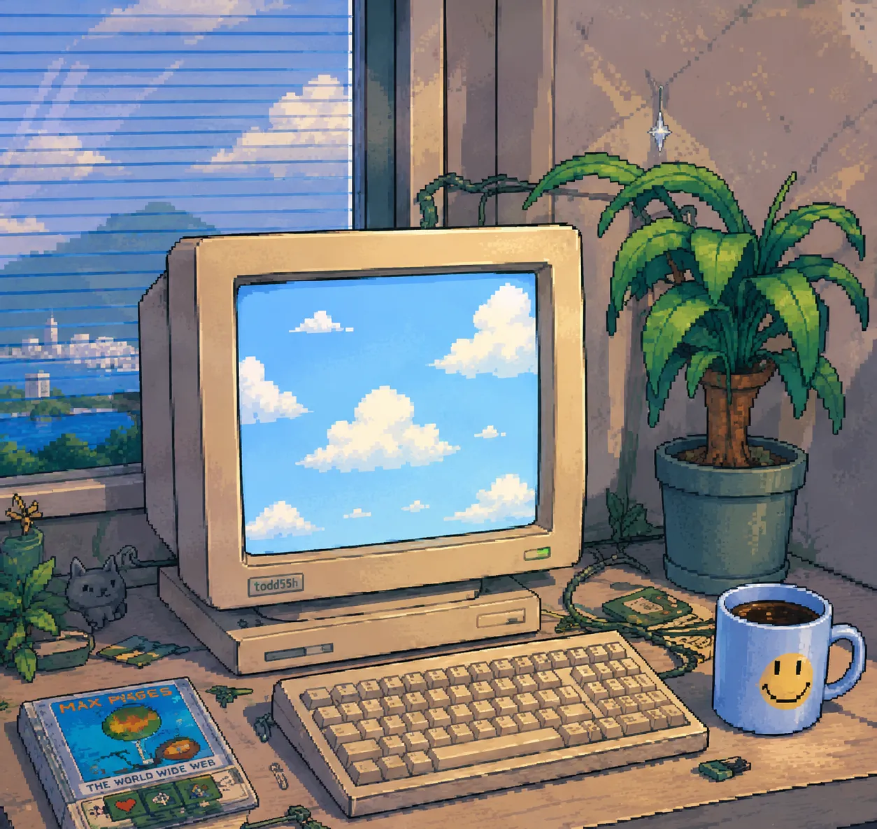 A cozy desk by a window: a beige CRT showing a bright blue cloudy sky, a "Max Pages: The World Wide Web" book, a smiley-face mug, a leafy plant and a little cat figurine.