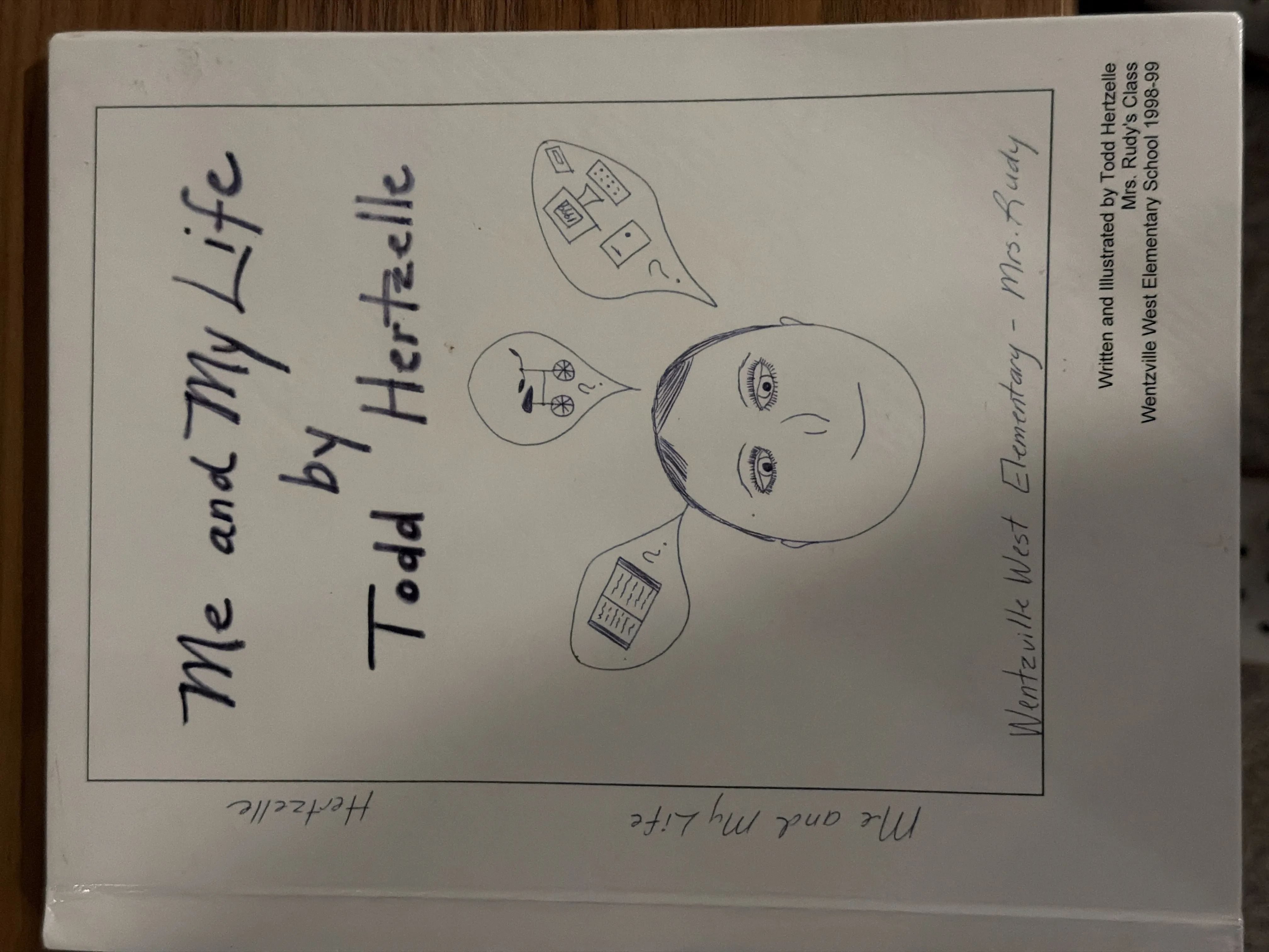 The hand-drawn cover of my fifth grade book, "Me and My Life by Todd Hertzelle," with a self-portrait thinking about a book, a bicycle, and a computer.