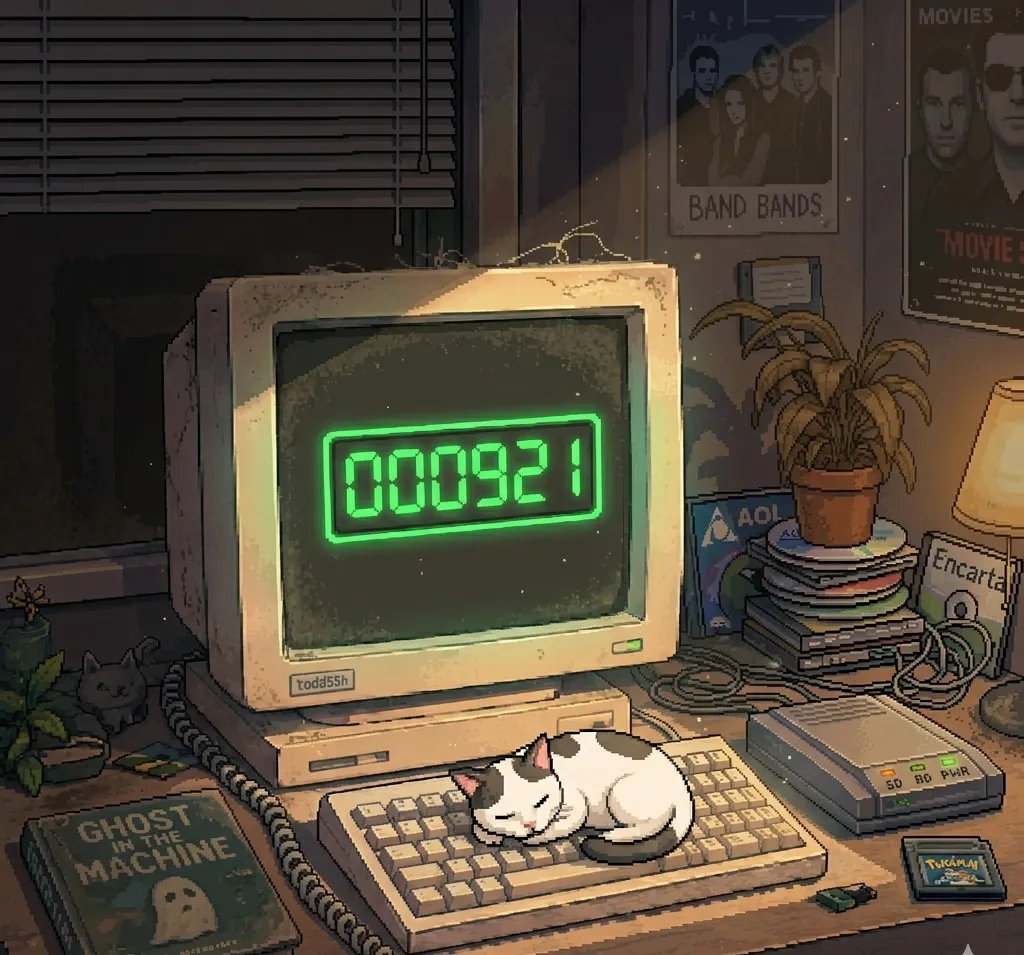 A dusty beige monitor in a sunbeam showing a glowing green visitor counter; a little cat asleep on the keyboard.