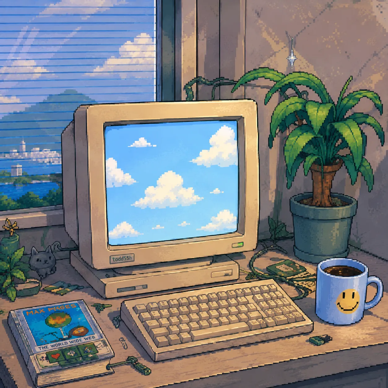 A retro computer by a window, a blue sky full of clouds filling its screen.