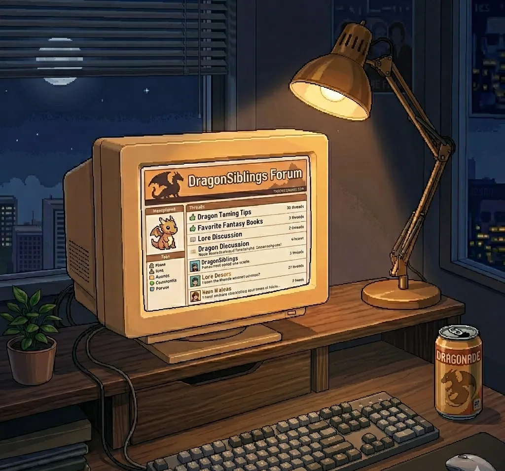 A beige CRT glowing at night with a fantasy-themed "Dragon Siblings" forum, a little dragon mascot and a list of message-board threads, a desk lamp and a soda can beside it.