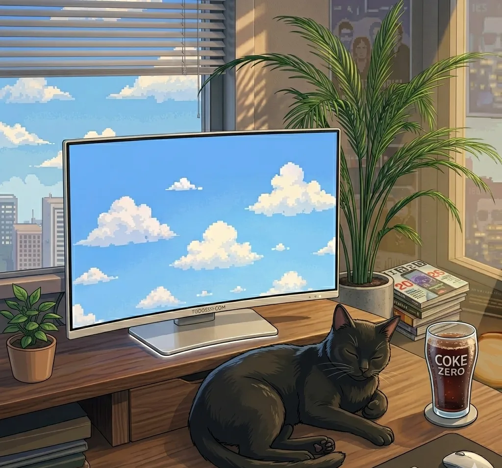 A cozy modern desk today: a flat monitor showing a calm blue sky full of clouds, a tall plant, and a black cat asleep in the sun.