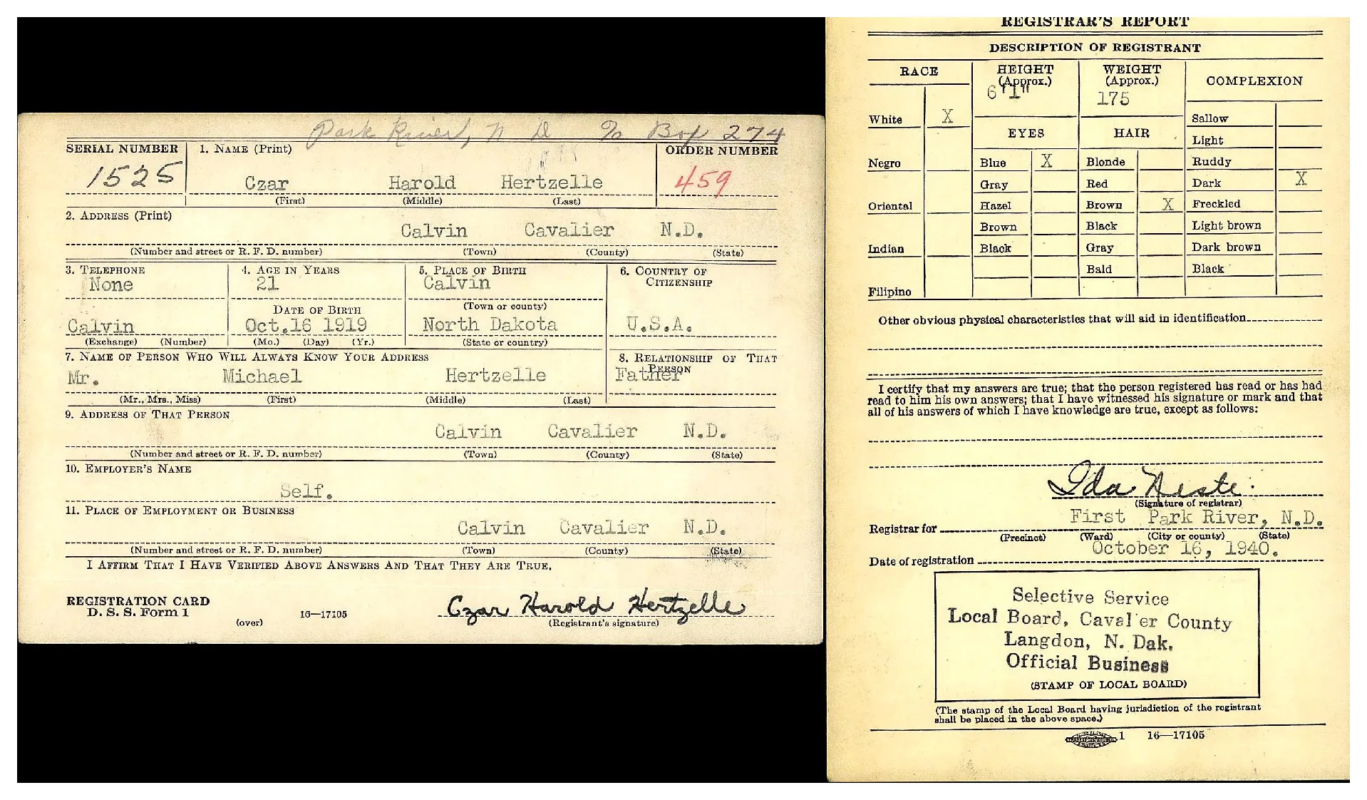 Czar Hertzelle's 1940 World War II draft registration card and the registrar's physical description, filled out in Cavalier County, North Dakota
