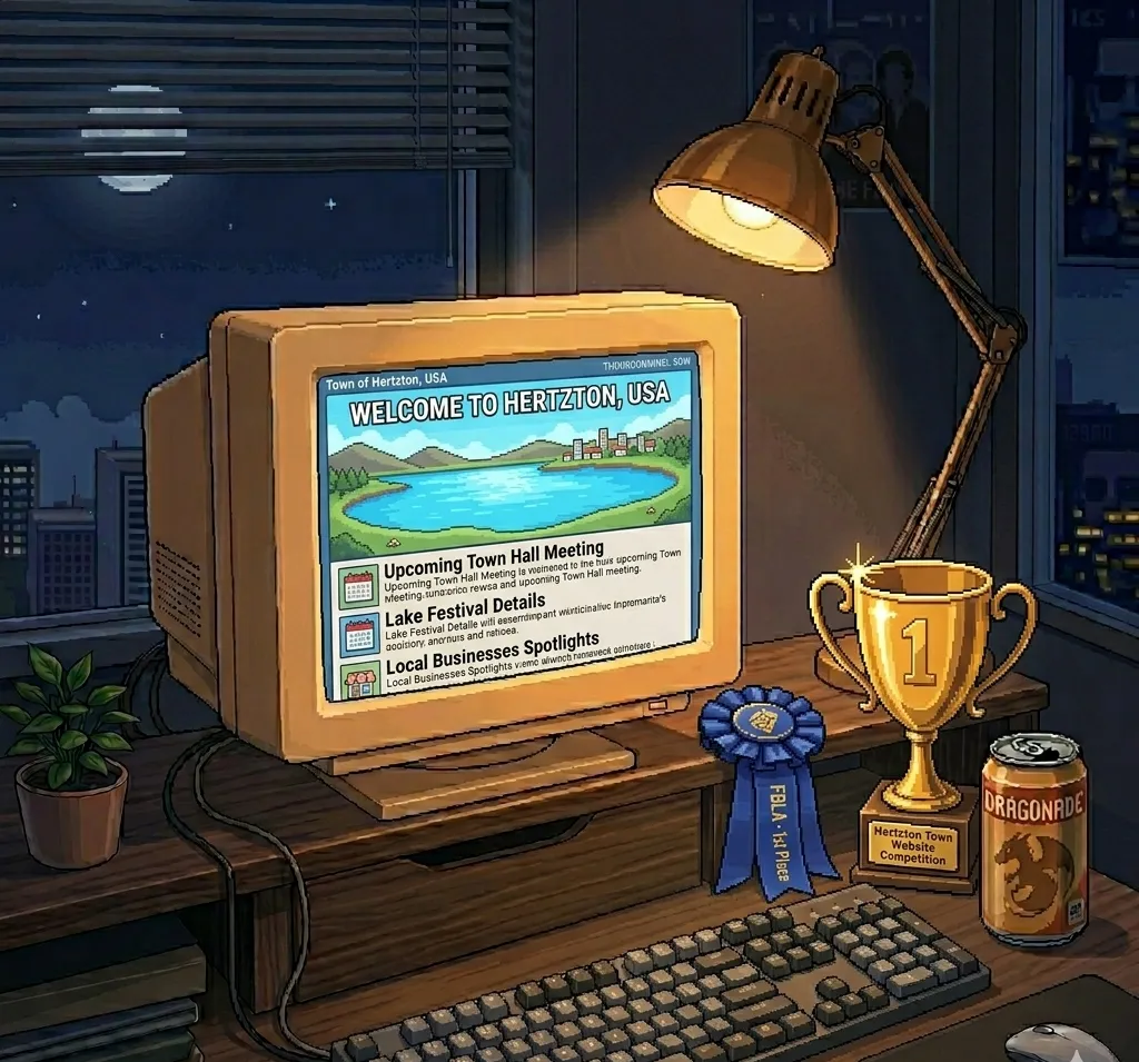 A beige CRT showing a colorful "Welcome to Hertzton, USA" town homepage with a blue lake, and on the desk a gold first-place trophy and a blue FBLA prize ribbon.