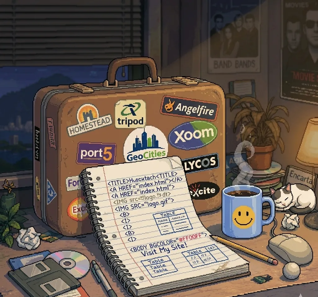 A vintage suitcase covered in travel-sticker logos for Homestead, Tripod, GeoCities, Angelfire, Port5 and more, beside a notebook of hand-written HTML.