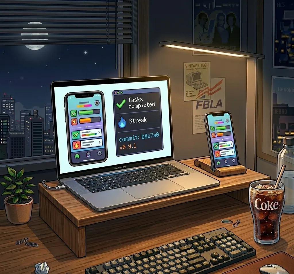 A cozy modern desk at night: a laptop and a phone showing a colorful app being built, a code terminal, and a small FBLA pennant on the wall.