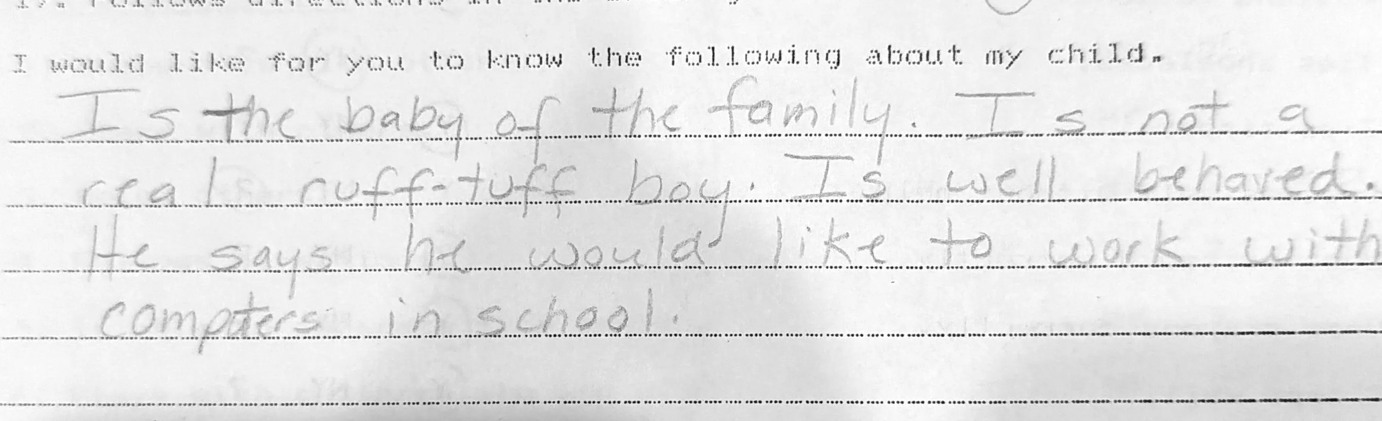 My mom's note on the kindergarten inventory, 1993