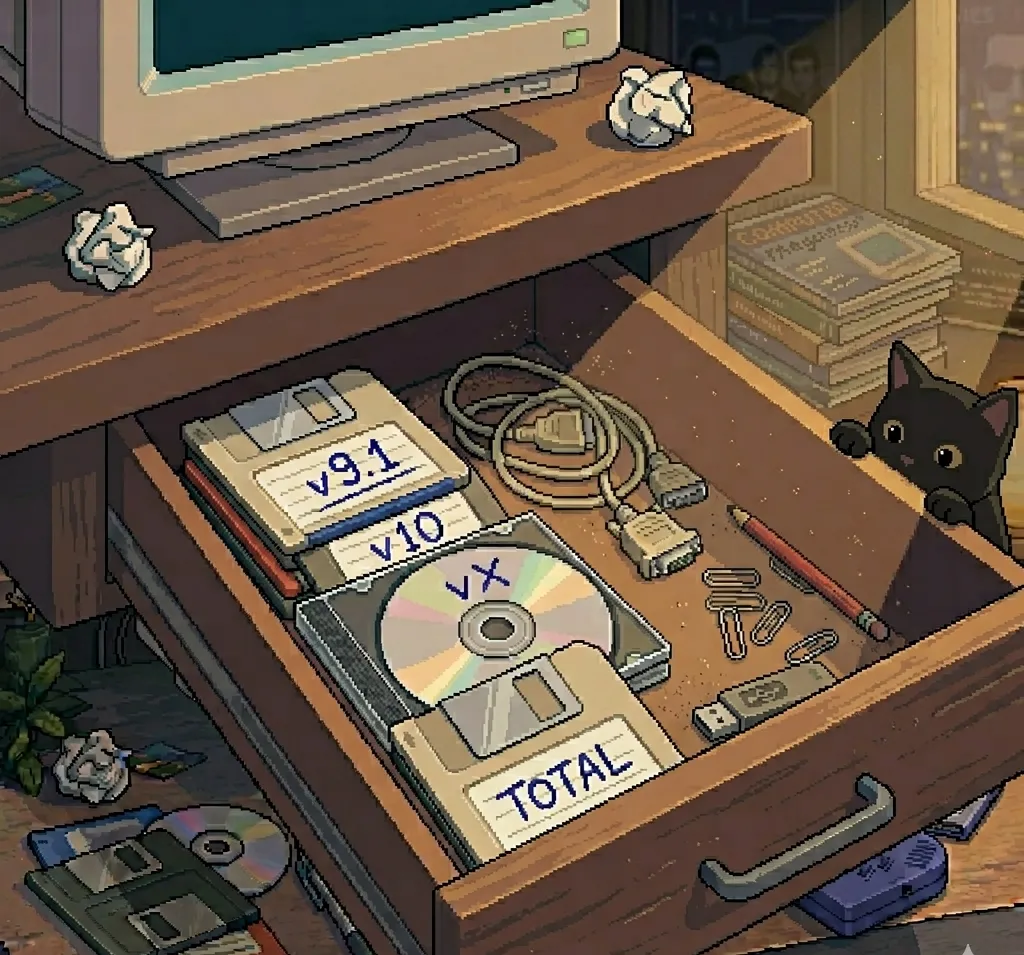 A slightly open desk drawer full of floppy disks and CD-Rs hand-labeled v9.1, v10, vX and TOTAL, with a black cat peeking in.