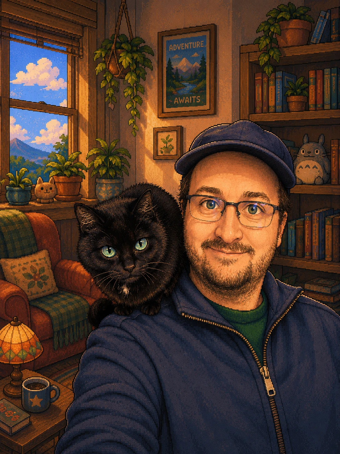 Todd, in a cap and glasses, smiling with a black cat perched on his shoulder in a warm, book-lined room.