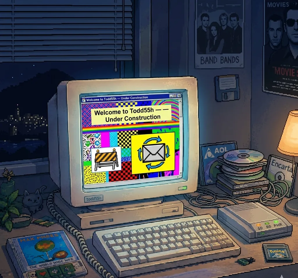 A late-90s bedroom at night: a beige CRT glows with a colorful "Welcome to Todd55h, under construction" homepage.