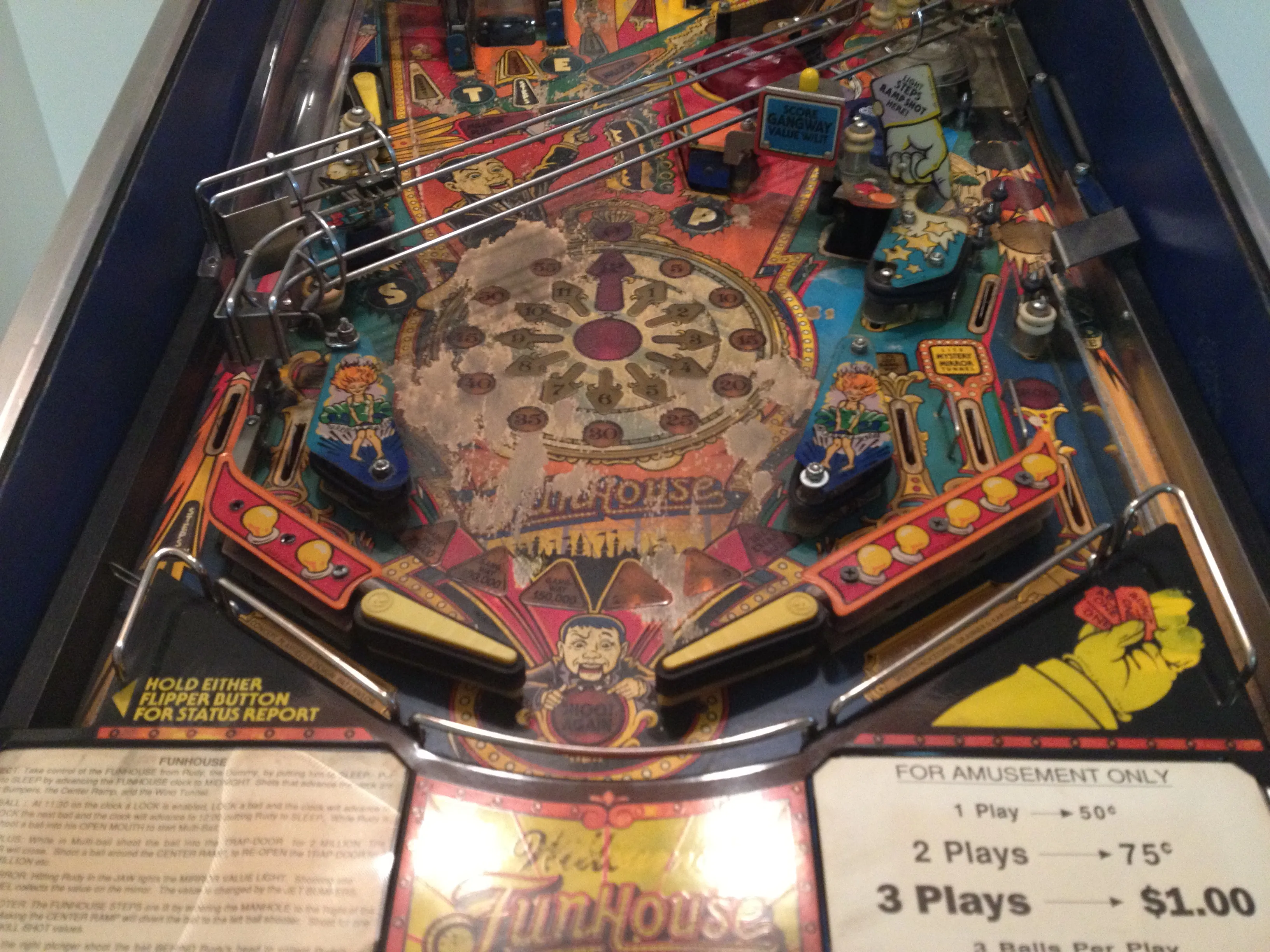The worn Funhouse playfield before the rebuild