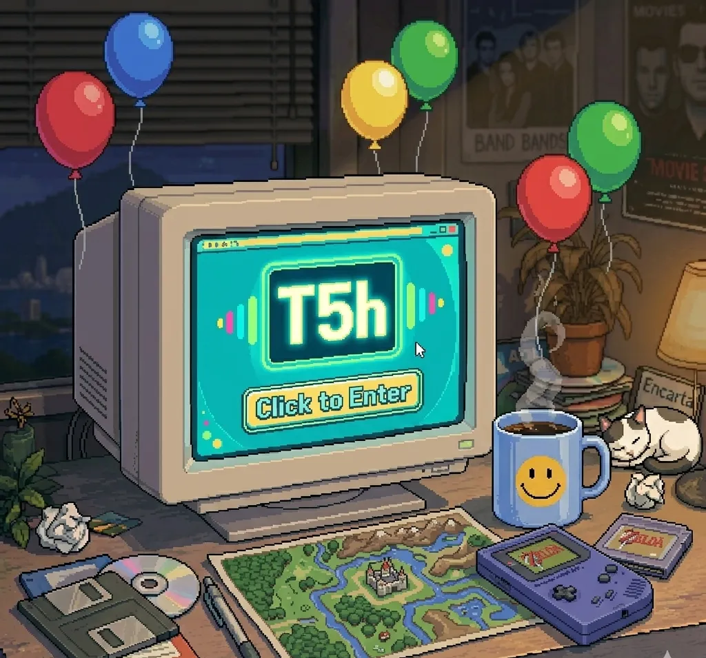 An early-2000s CRT showing a turquoise "T5h: Click to Enter" Flash splash, with floating balloons, a Game Boy, and a Zelda-style overworld map.