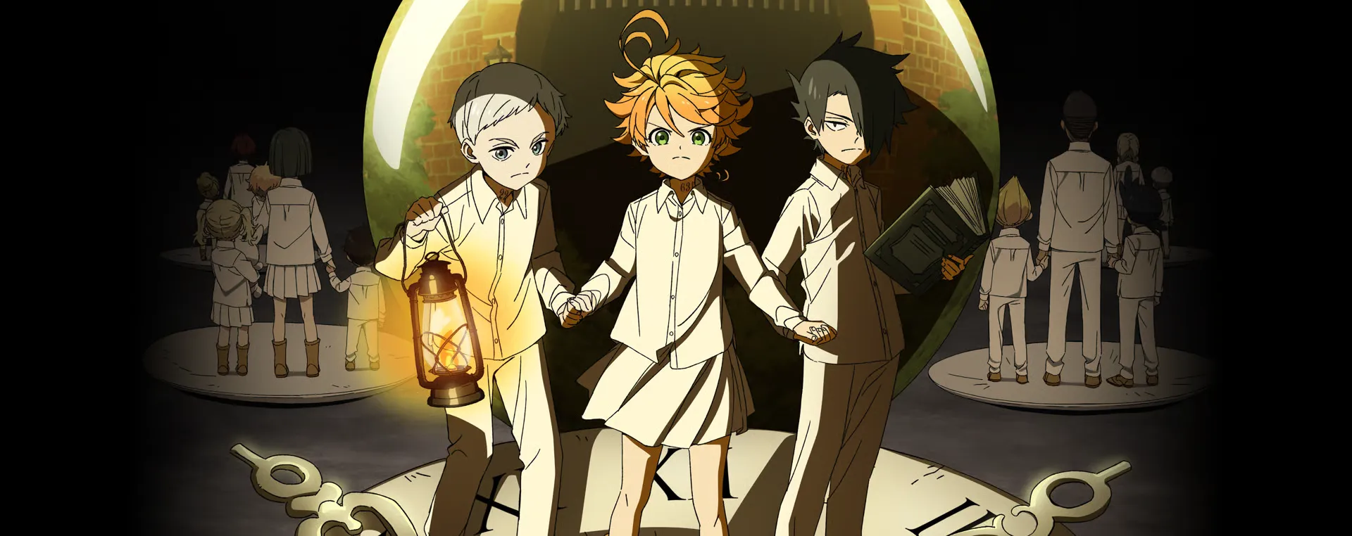 Emma, Norman, and Ray standing together, with the other children of Grace Field House silhouetted behind them.