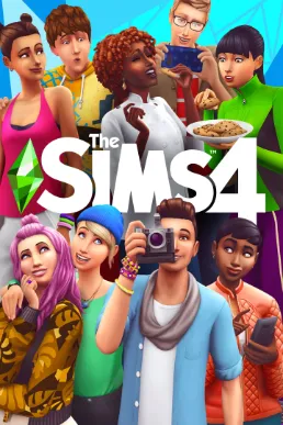 The Sims 4 logo and box art, the green plumbob over the title.