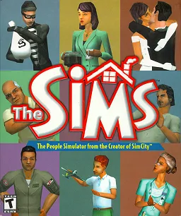 Box cover art for the original 2000 release of The Sims, with its green diamond plumbob logo.