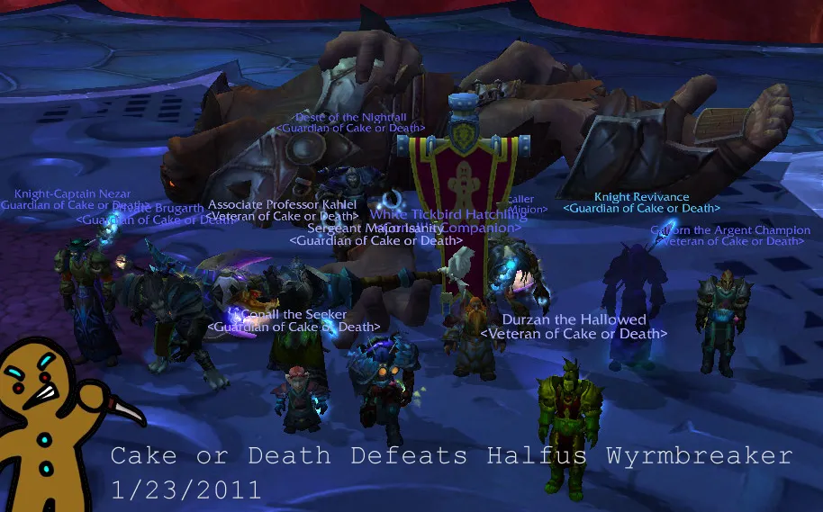 Cake or Death's group kill shot for Halfus Wyrmbreaker, captioned 1/23/2011