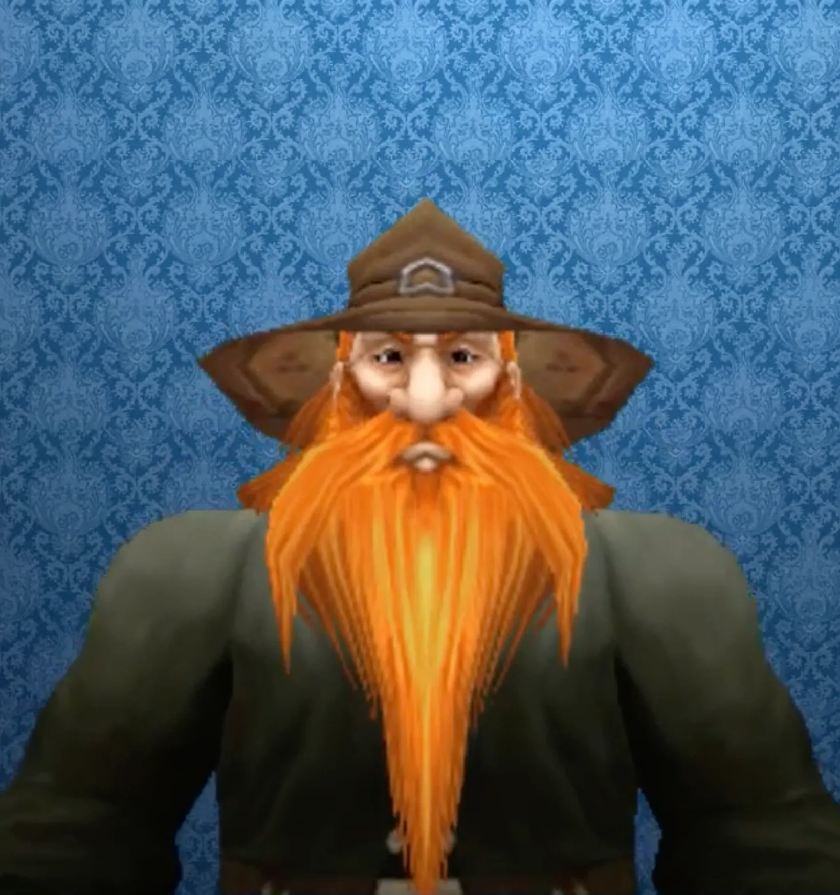 My World of Warcraft dwarf priest Trihedron: a dwarf with a huge bright-orange beard and a wide brown hat, in a green robe.