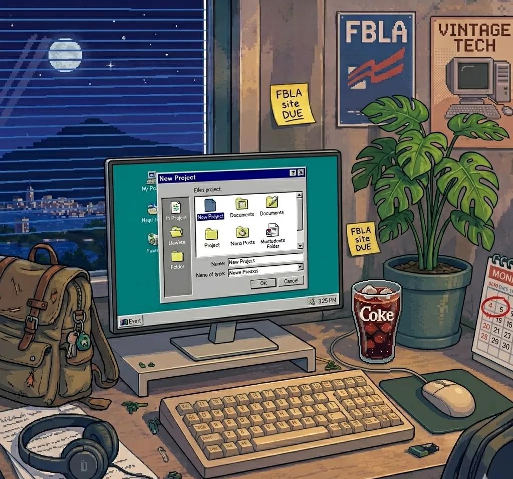 A school computer-lab desk at night: a beige CRT shows a "New Project" window, a yellow sticky note reads "FBLA site DUE", an FBLA pennant and a "Vintage Tech" poster hang on the wall, with a backpack, headphones and a soda nearby.
