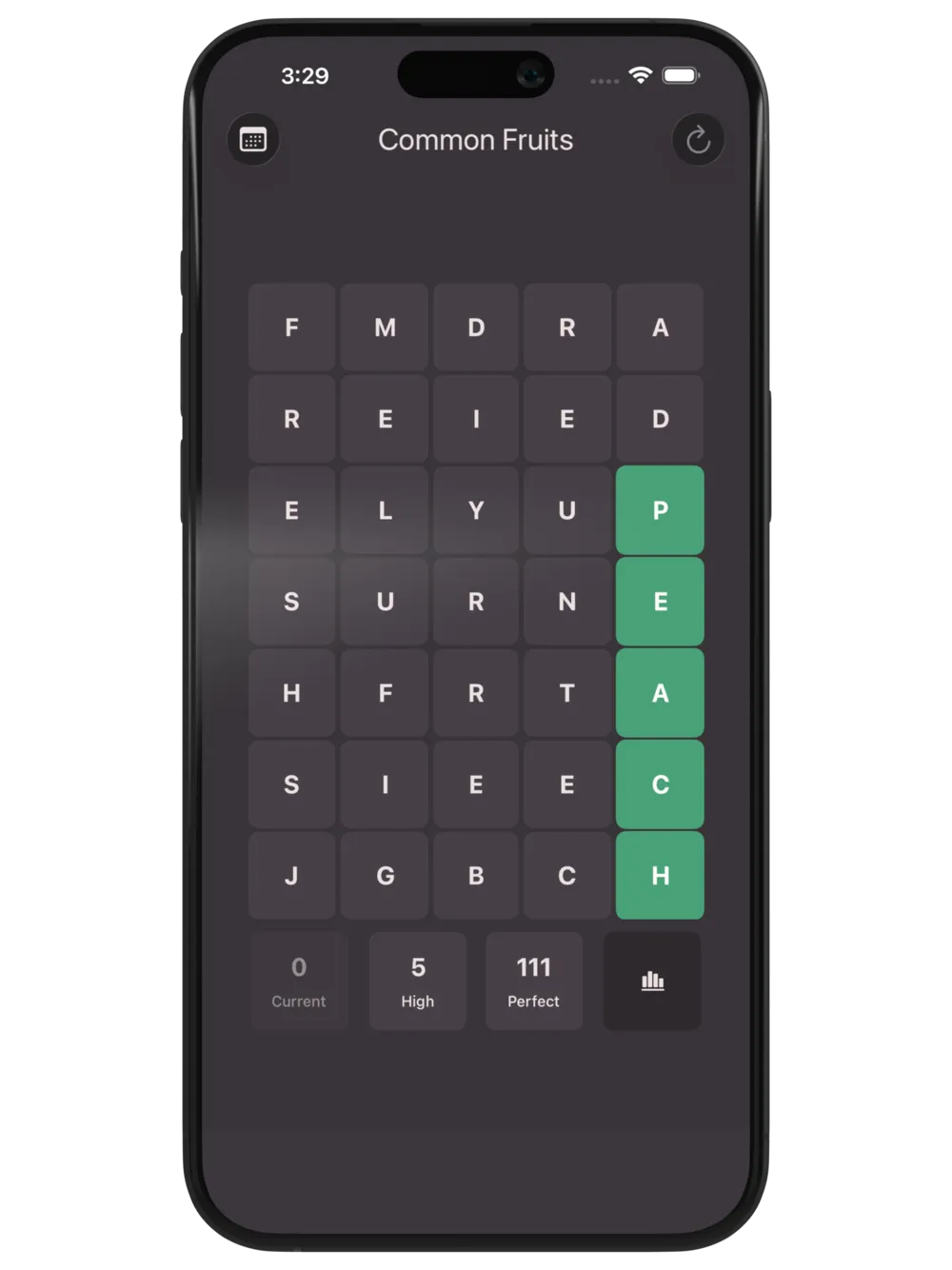 Solving the Common Fruits grid, with current, high, and perfect scores below