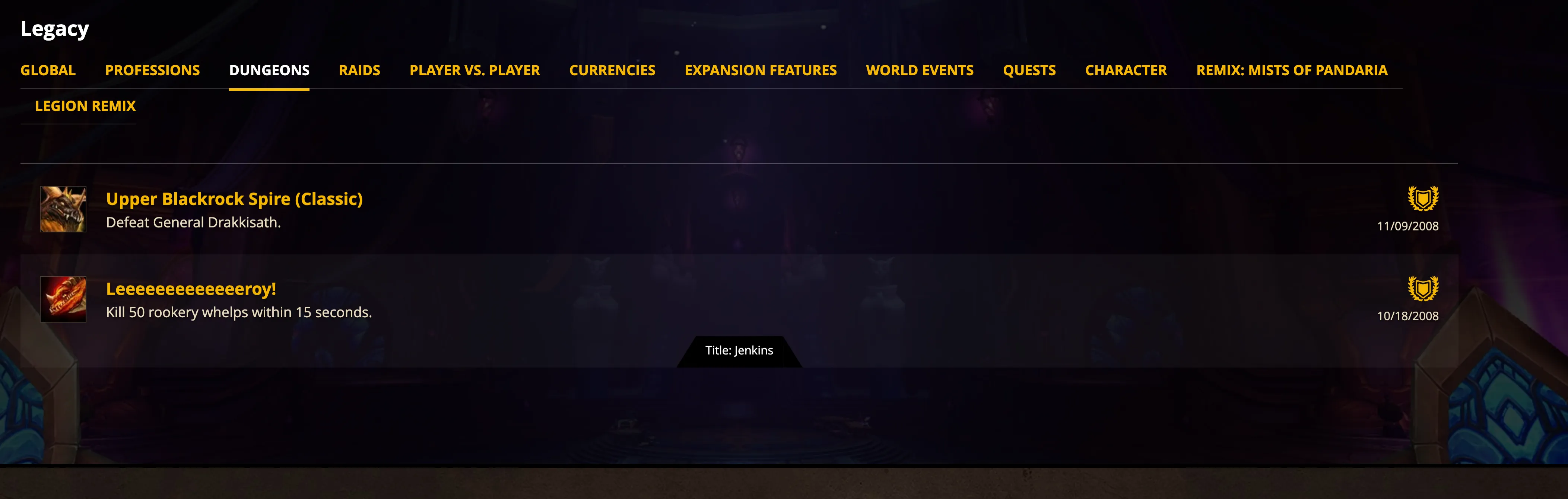 A World of Warcraft Armory list showing the achievement "Leeeeeeeeeeeeeroy!", kill 50 rookery whelps in 15 seconds, with a tooltip noting it grants the title Jenkins.