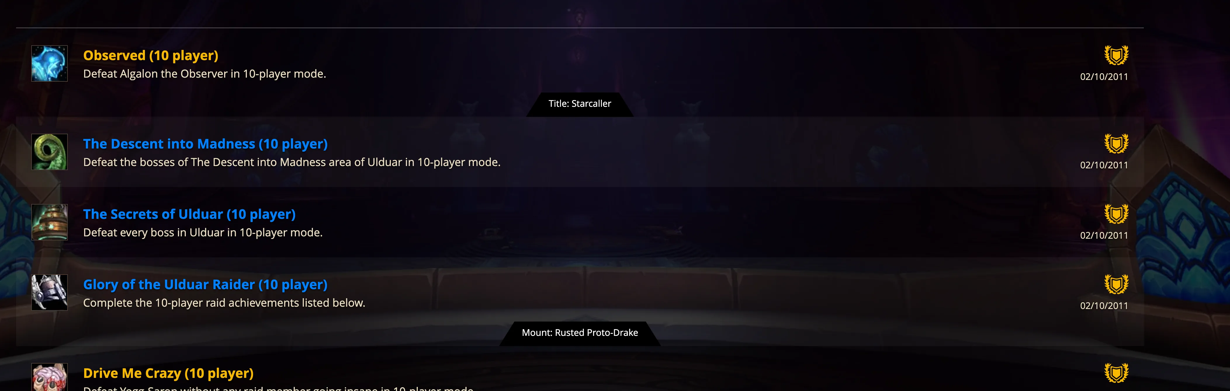 A World of Warcraft Armory raid-achievement list showing "Observed" (defeat Algalon the Observer) and "Glory of the Ulduar Raider", which awards the Rusted Proto-Drake mount, both dated February 15, 2011.