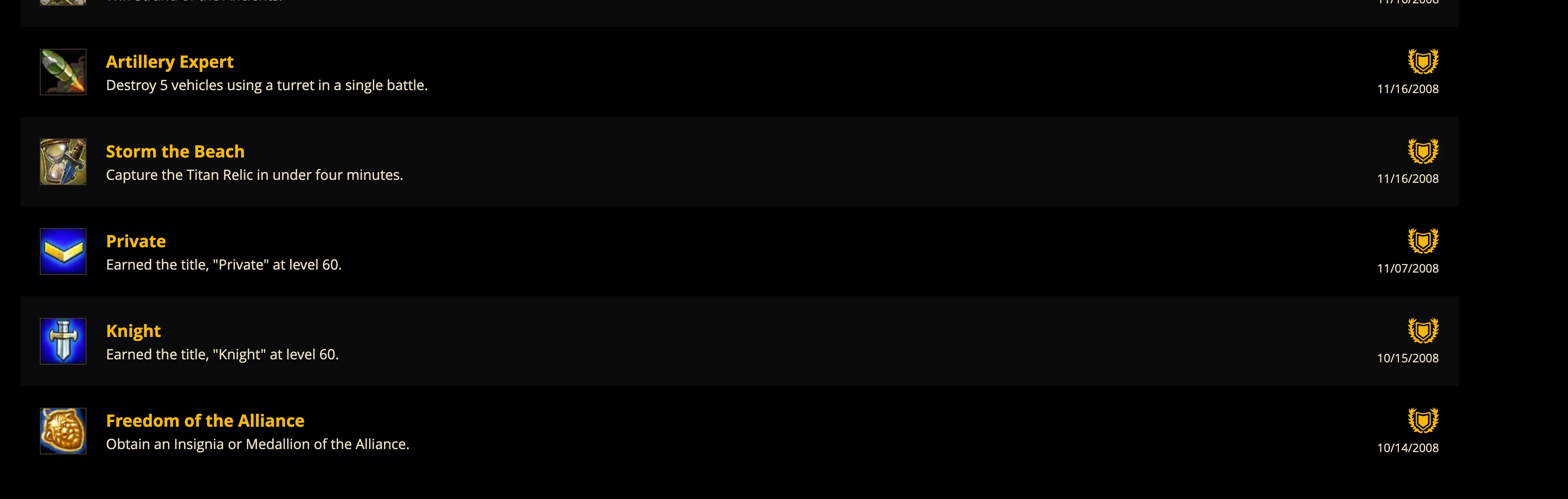 A World of Warcraft Armory achievement list showing the vanilla PvP titles Private and Knight, both earned at level 60, alongside Freedom of the Alliance.